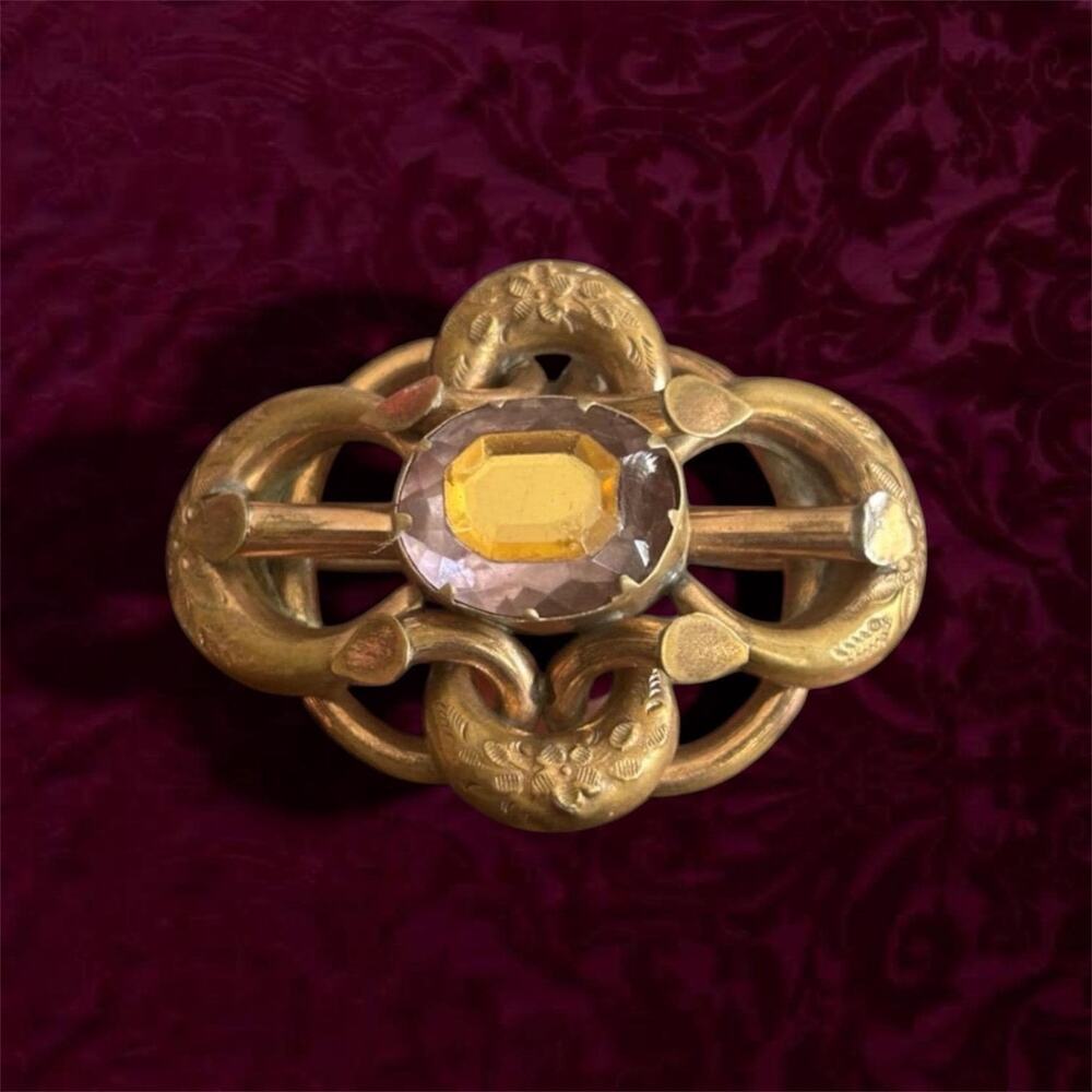 Victorian Gold Filled Lover's Knot Brooch, Faceted Paste Glass Center